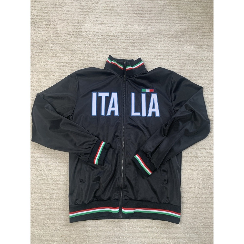 Italia Mens L Black Soccer Track Jacket Italy Crest Full Zip Warm Up NWOT Retro - Picture 1 of 13